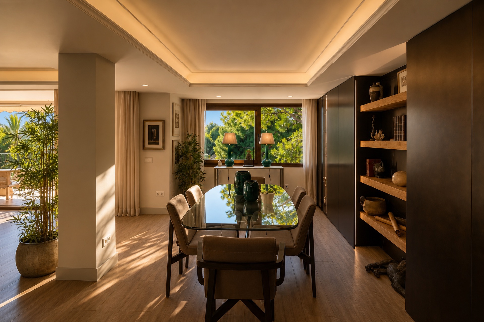 Dining room with warm light at the La Isla penthouse