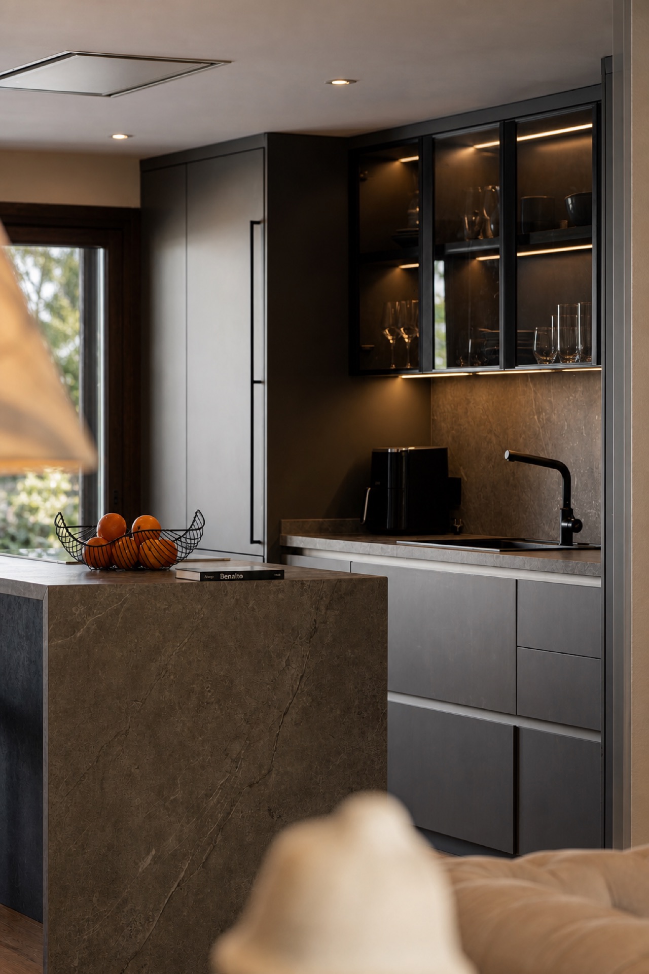 Modern kitchen with island at the La Isla penthouse