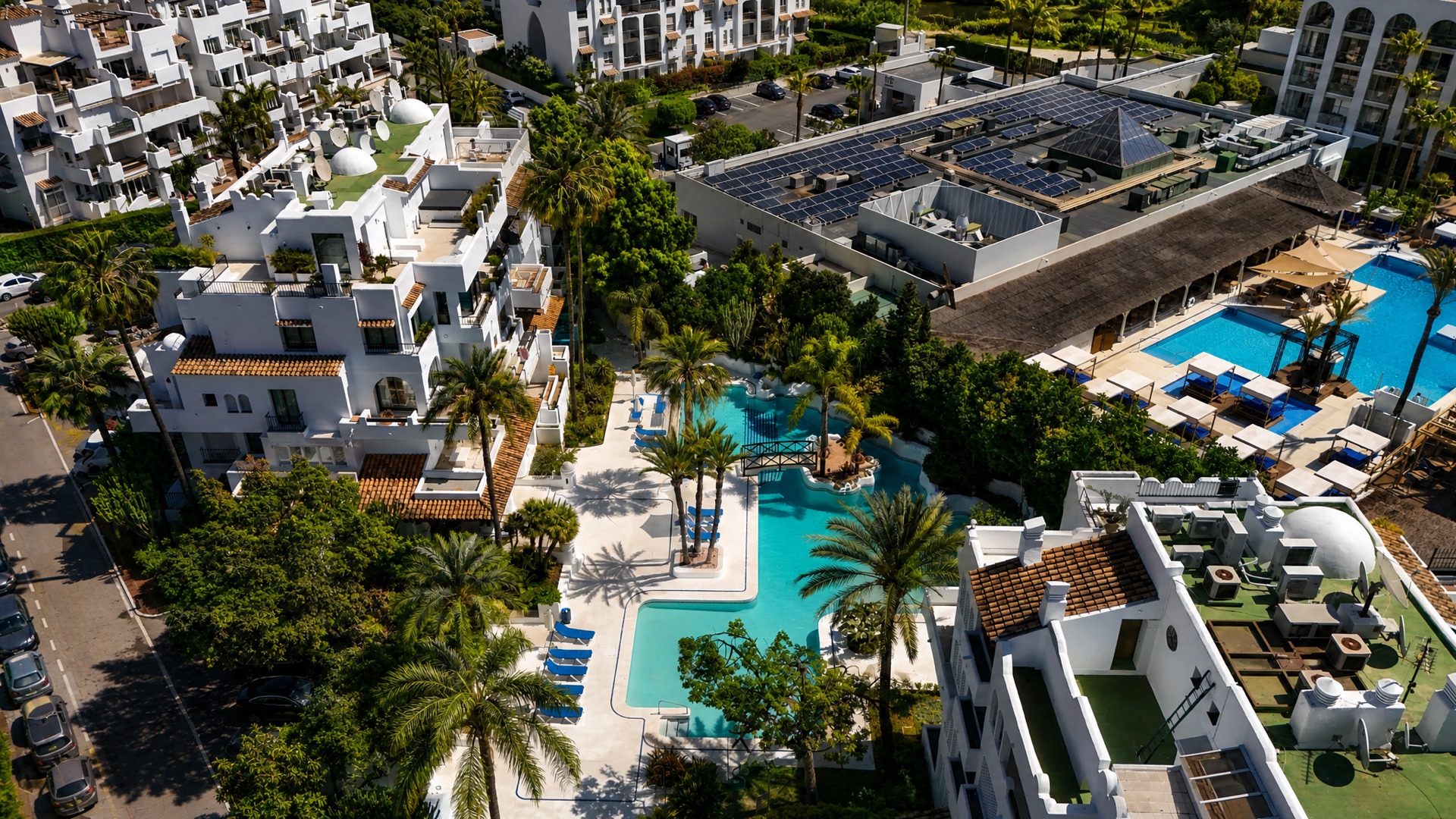 La Isla from directly above — lagoon pools and gardens