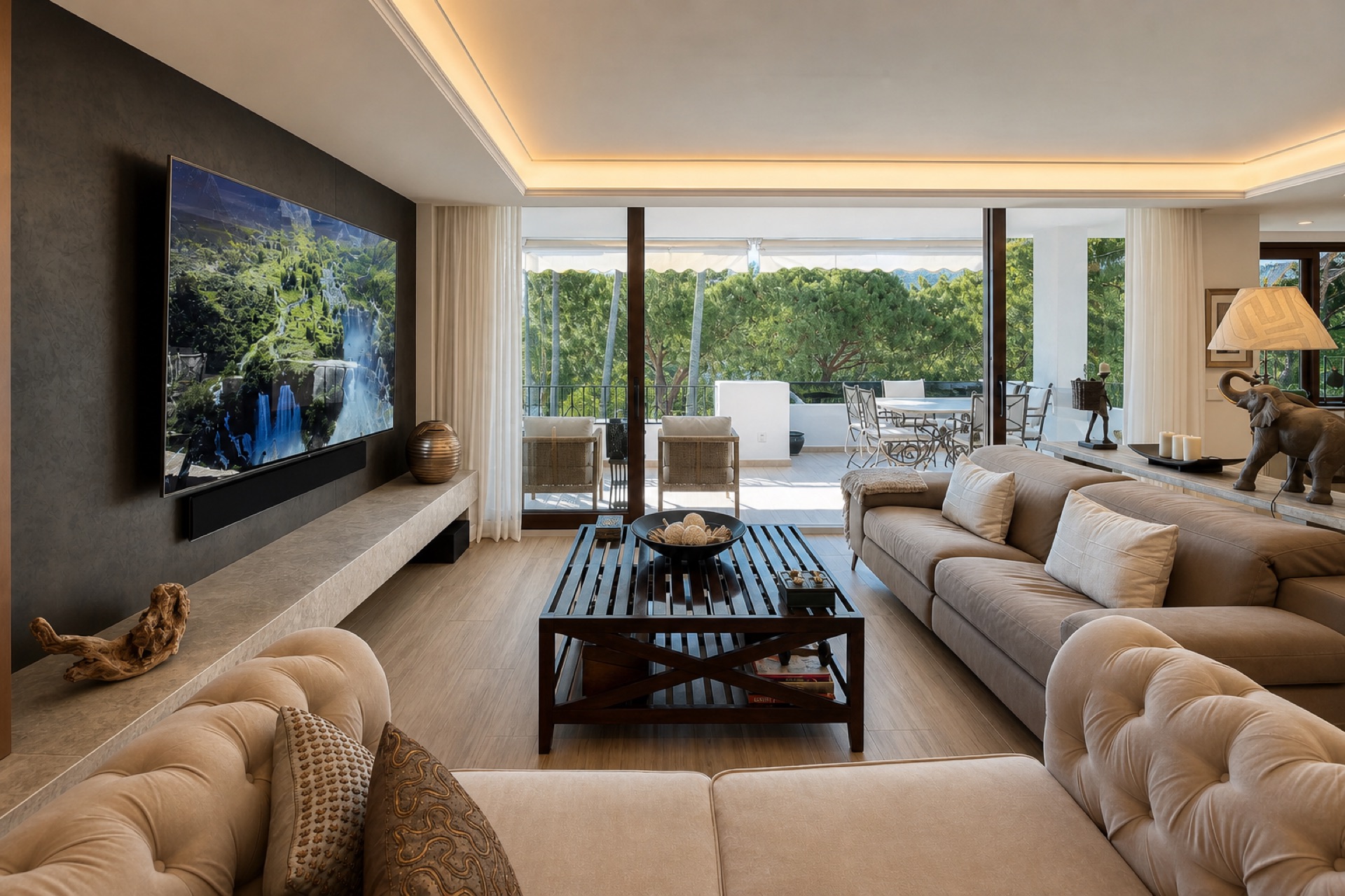 Spacious living room with terrace at the La Isla penthouse