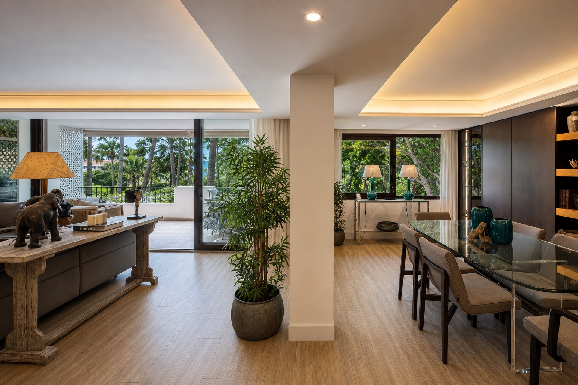 Bright open living dining with terrace at the La Isla penthouse