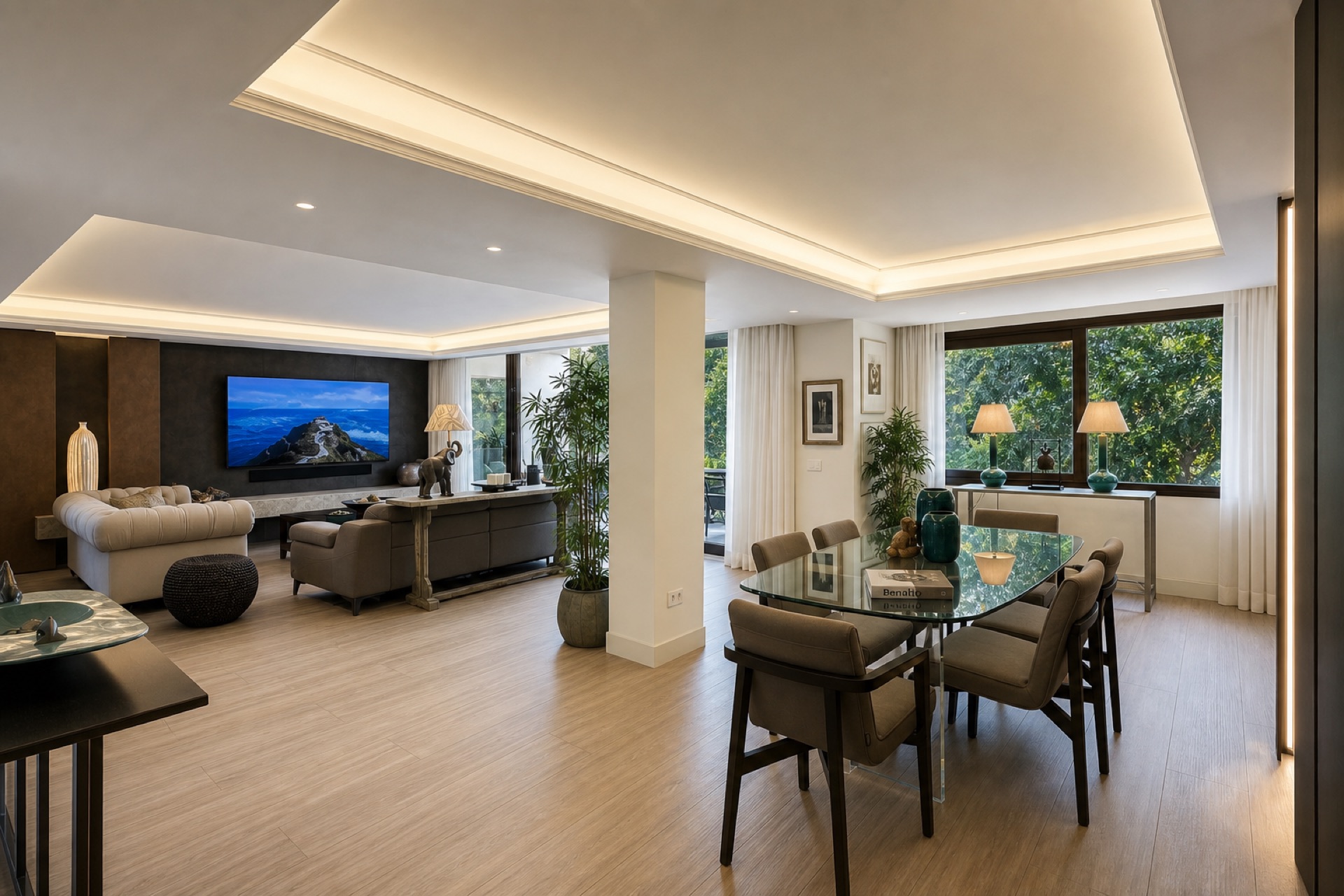Bright open plan living dining at the La Isla penthouse