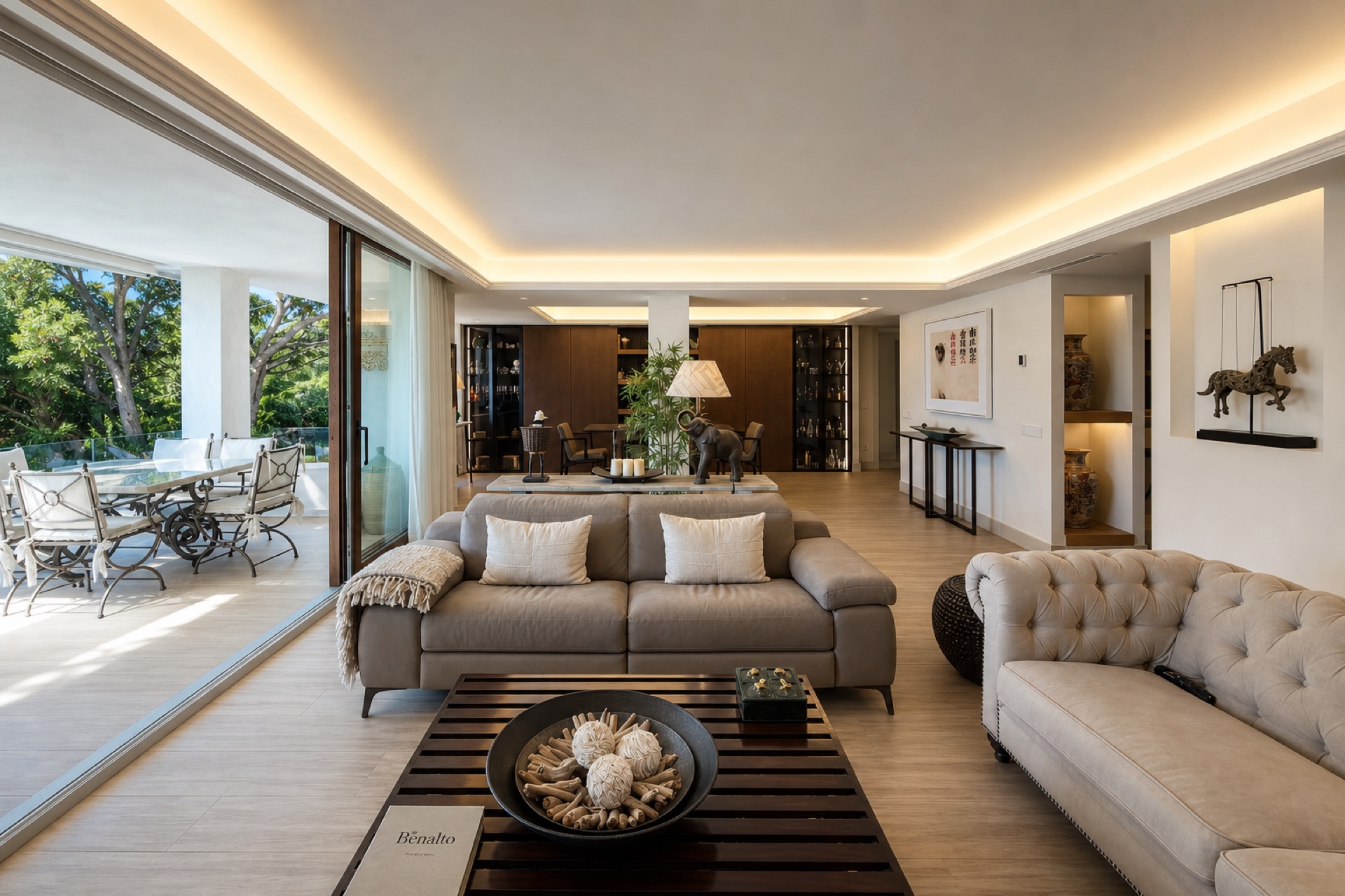 Spacious living room with terrace at the La Isla penthouse