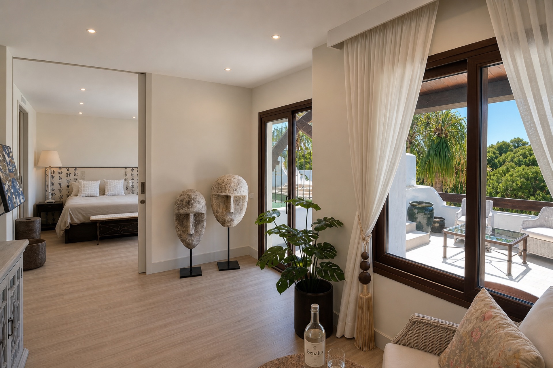 Bright living room with terrace view at the La Isla penthouse