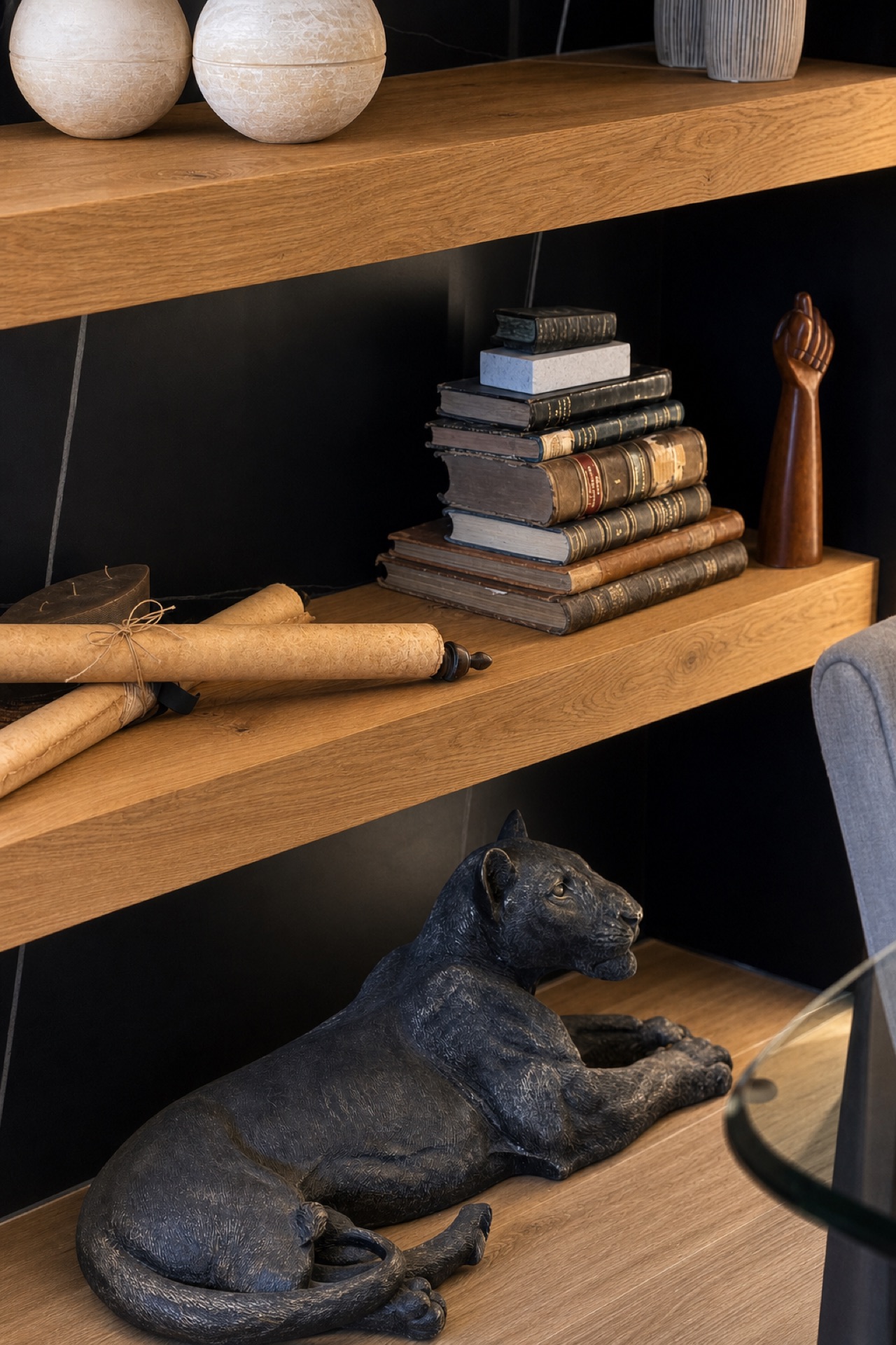 Bookshelf decor detail at the La Isla penthouse