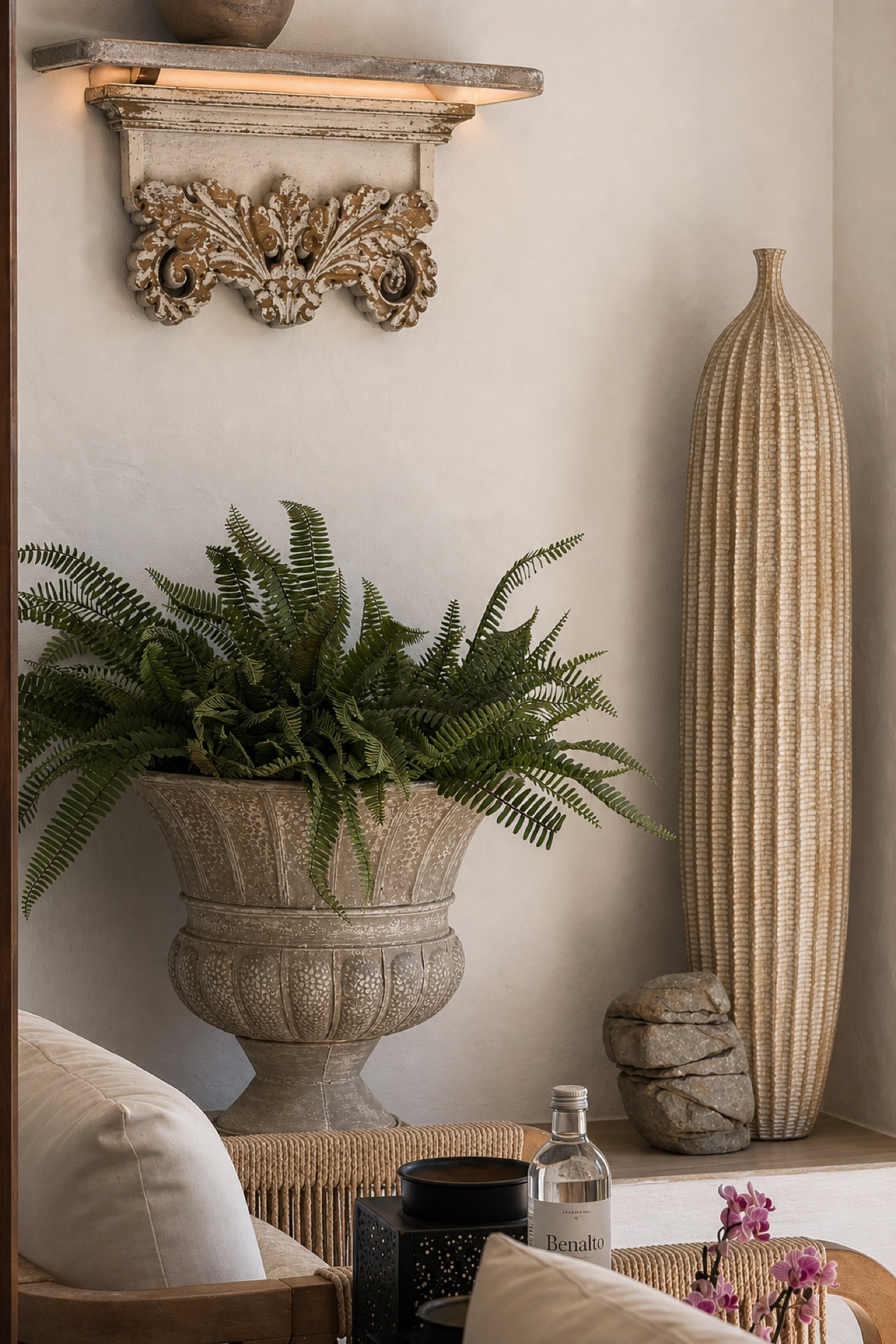 Decorative living room detail with planter at the La Isla penthouse