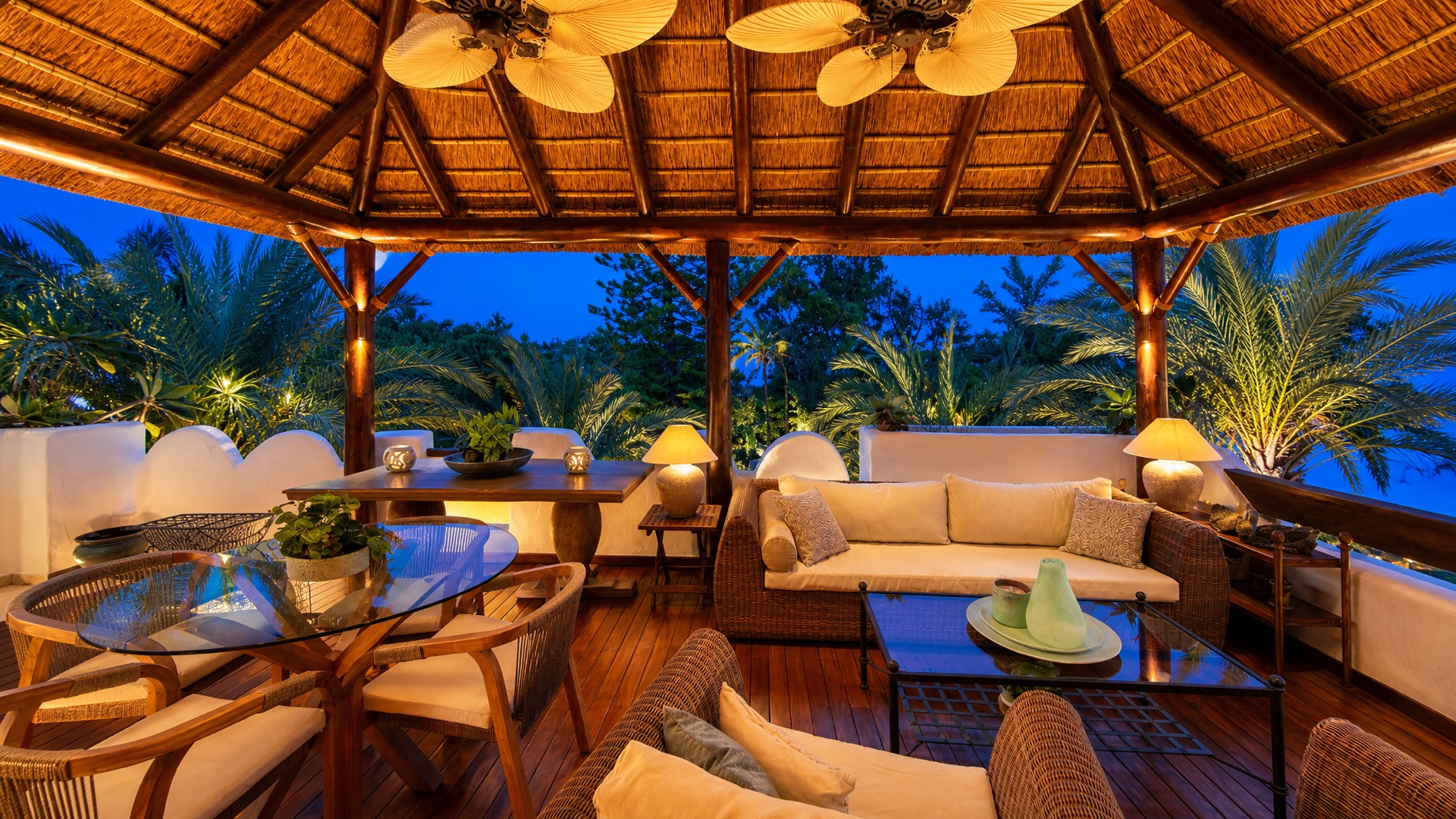 Covered terrace palapa lounge at the La Isla penthouse