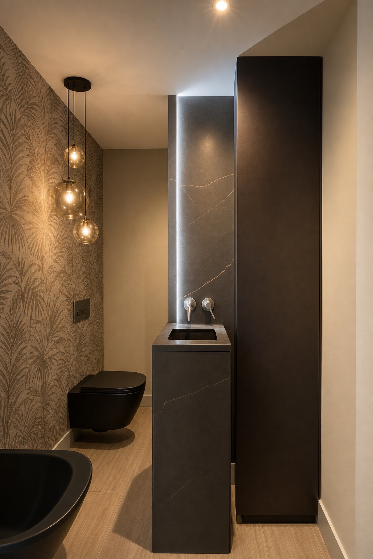 Modern powder room with pendant lights at the La Isla penthouse