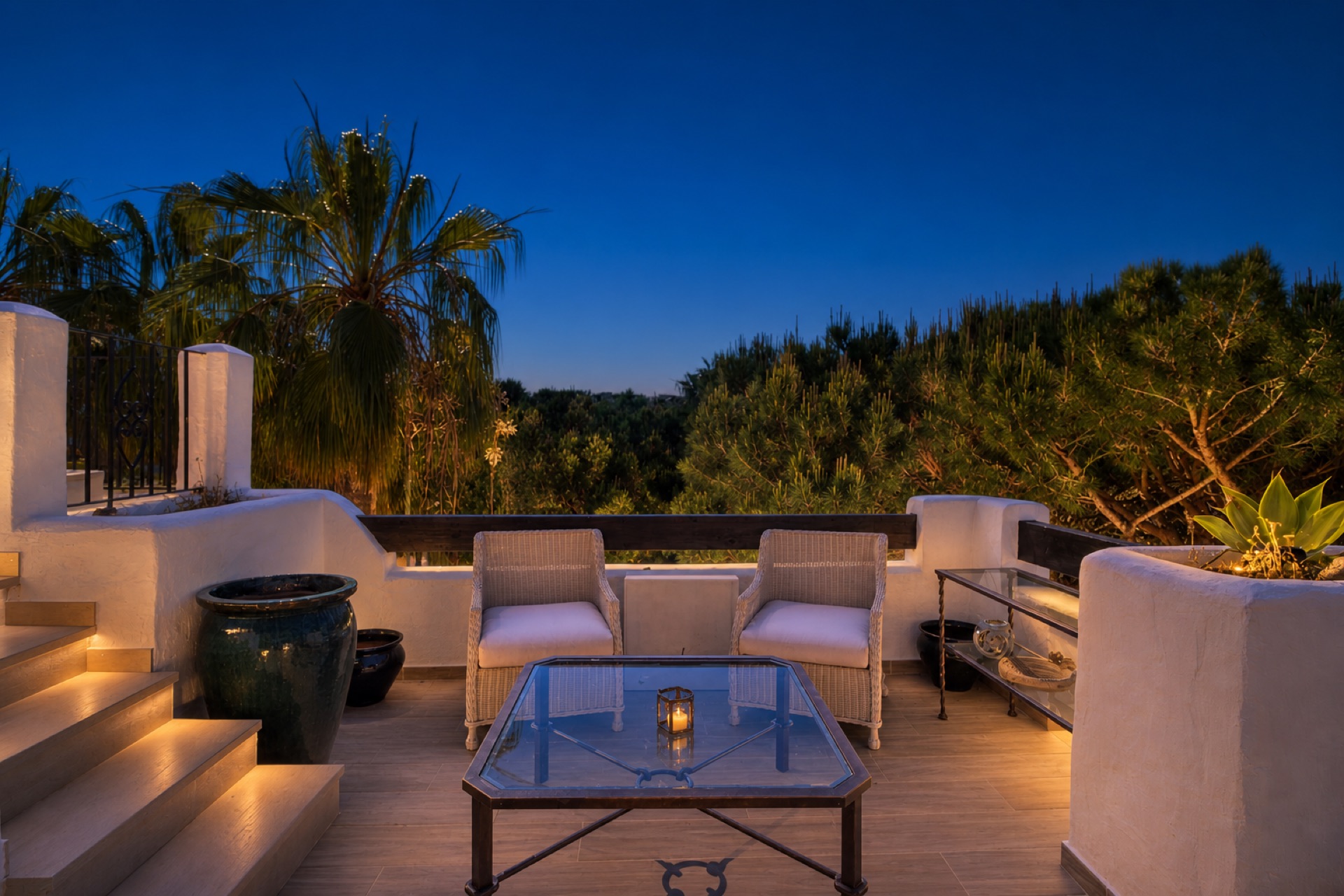 Private terrace at dusk at the La Isla penthouse