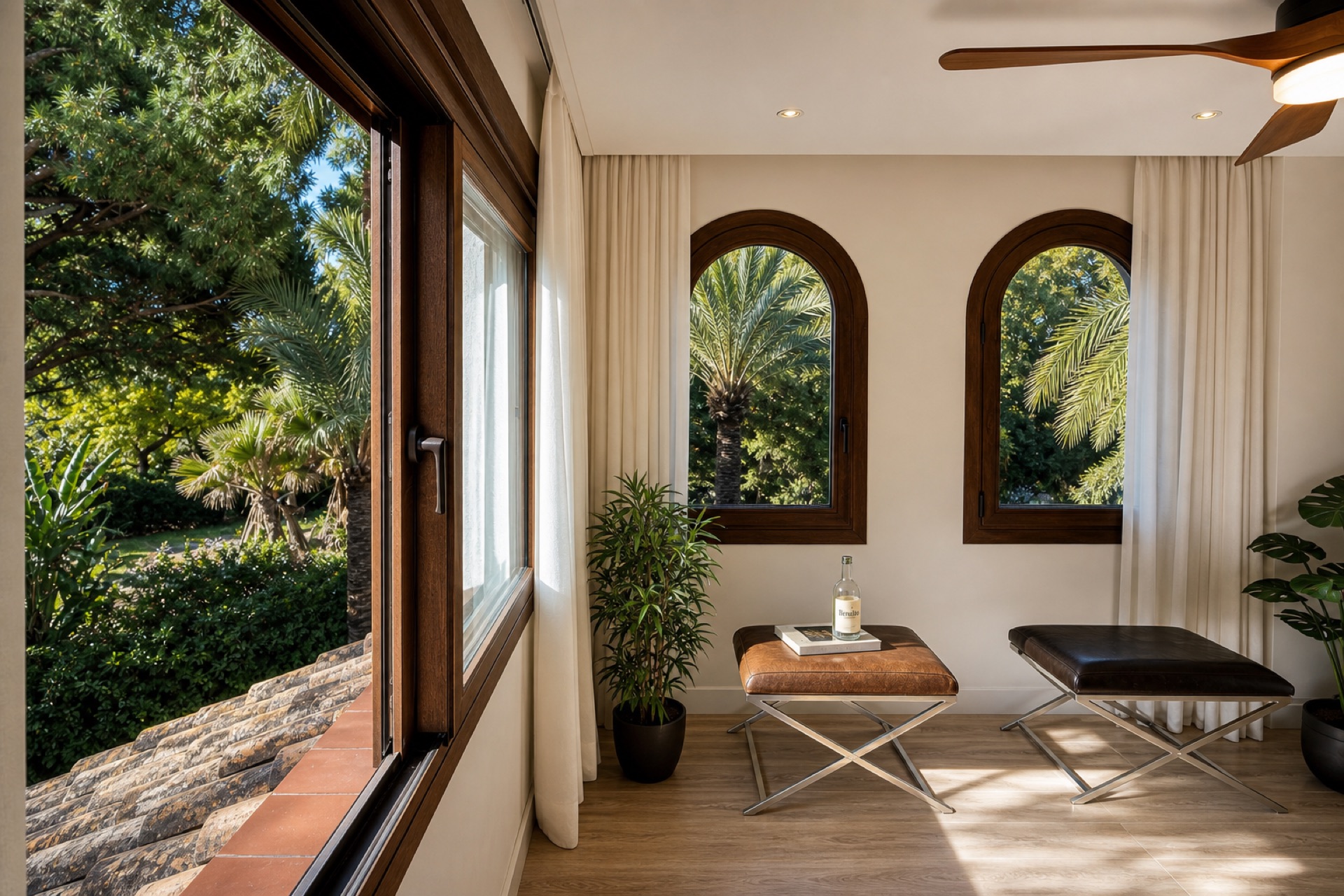 Bright window sitting nook with garden view at the La Isla penthouse