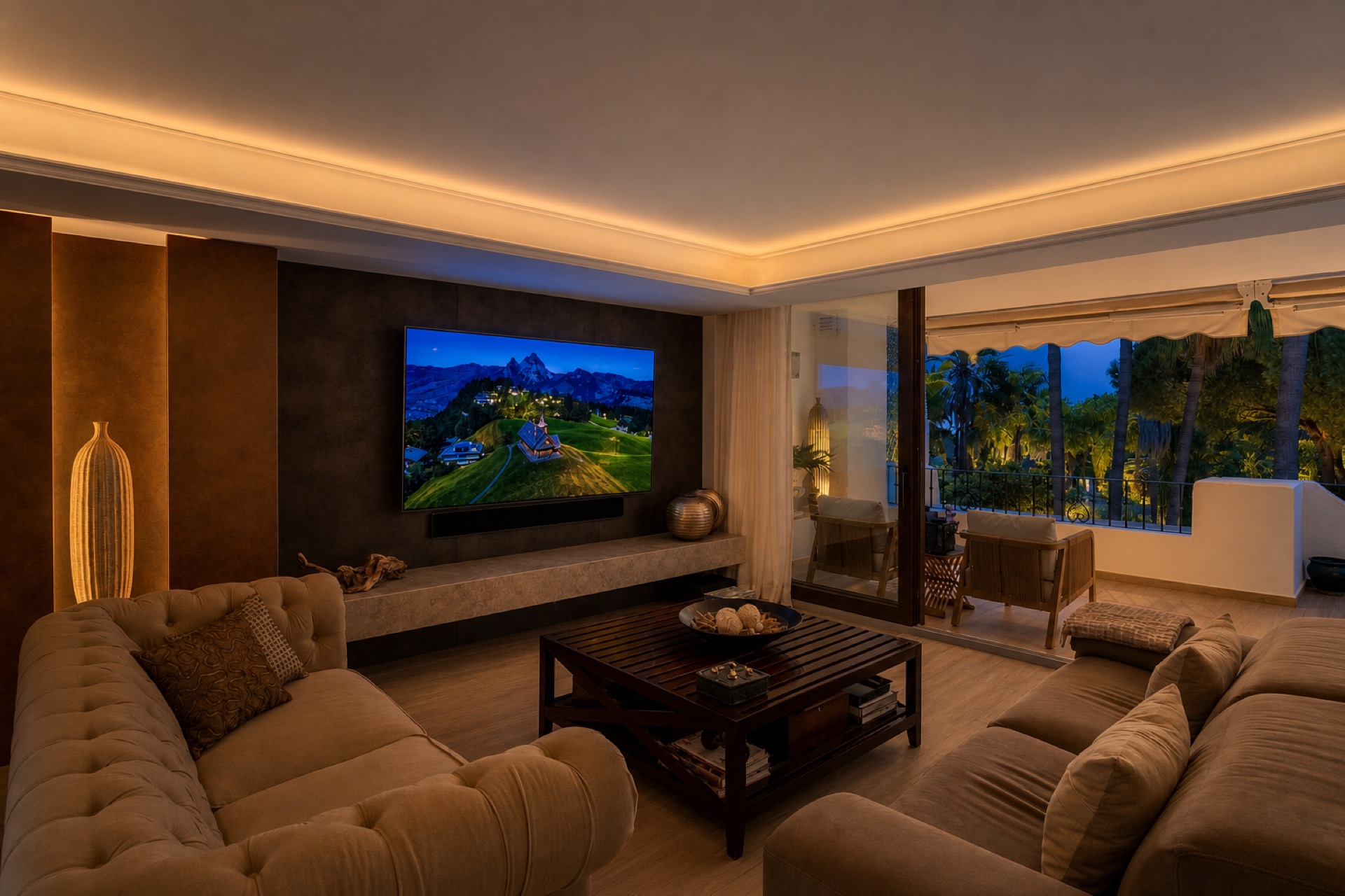 Cozy evening living room with balcony view at the La Isla penthouse