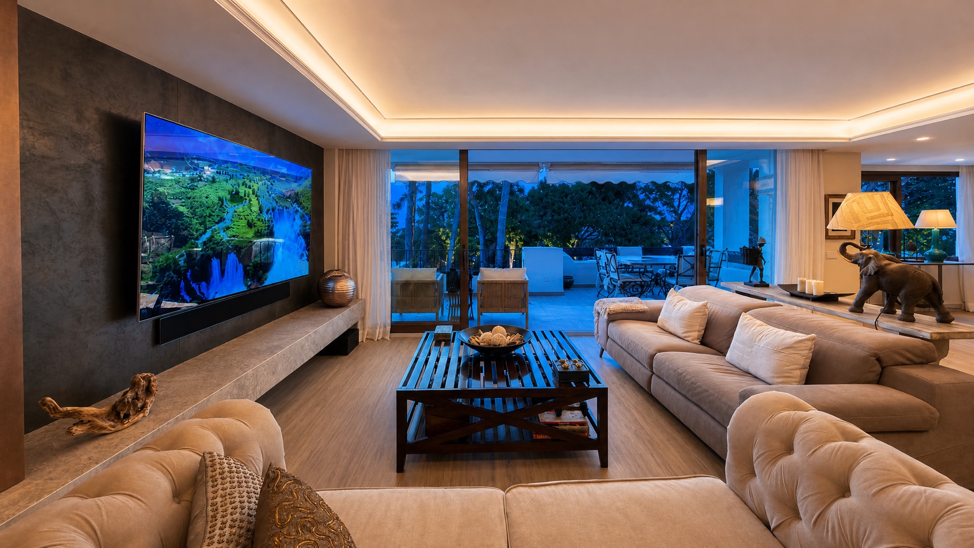 Spacious living room with terrace view at the La Isla penthouse