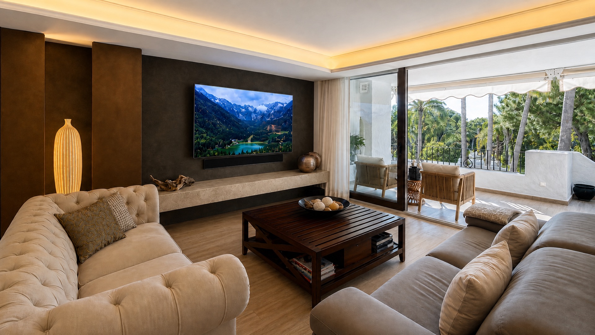 Bright living room with terrace view at the La Isla penthouse