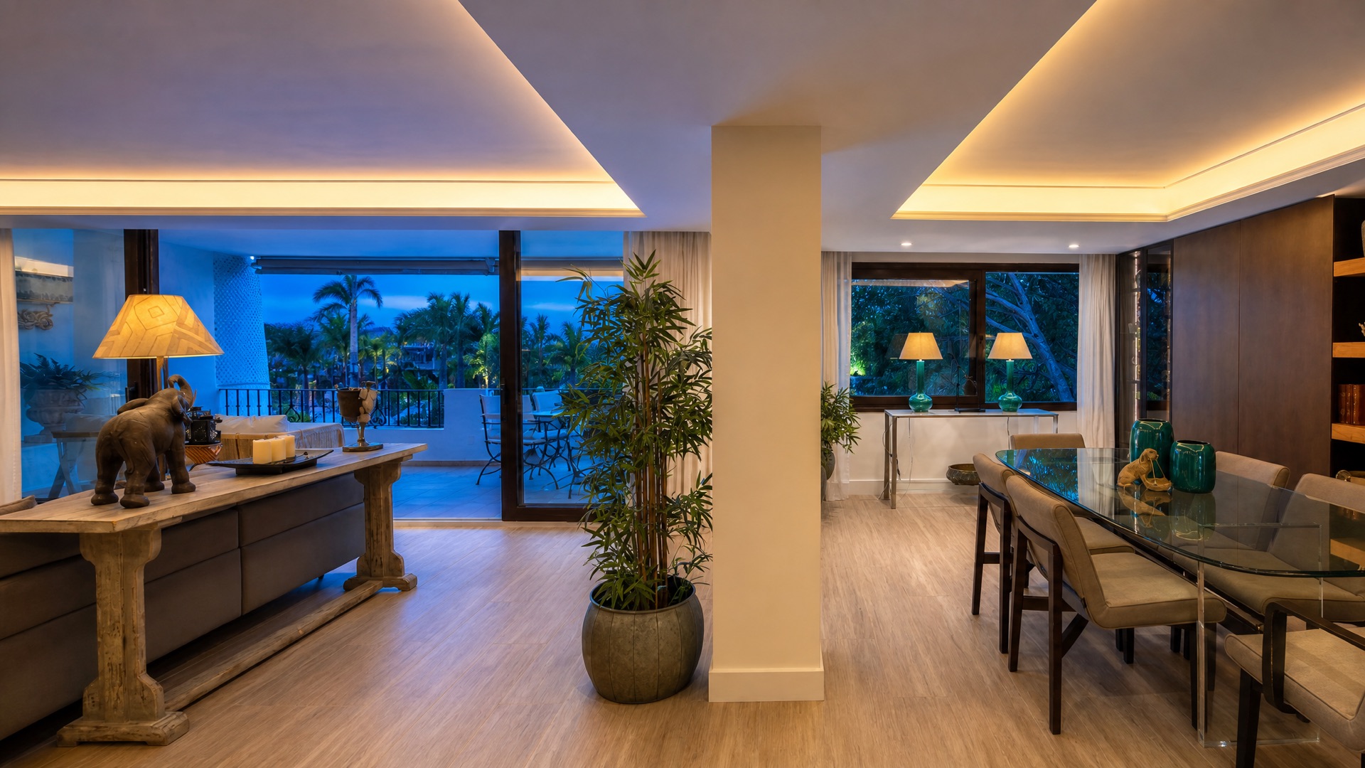 Elegant open plan living room terrace at the La Isla penthouse