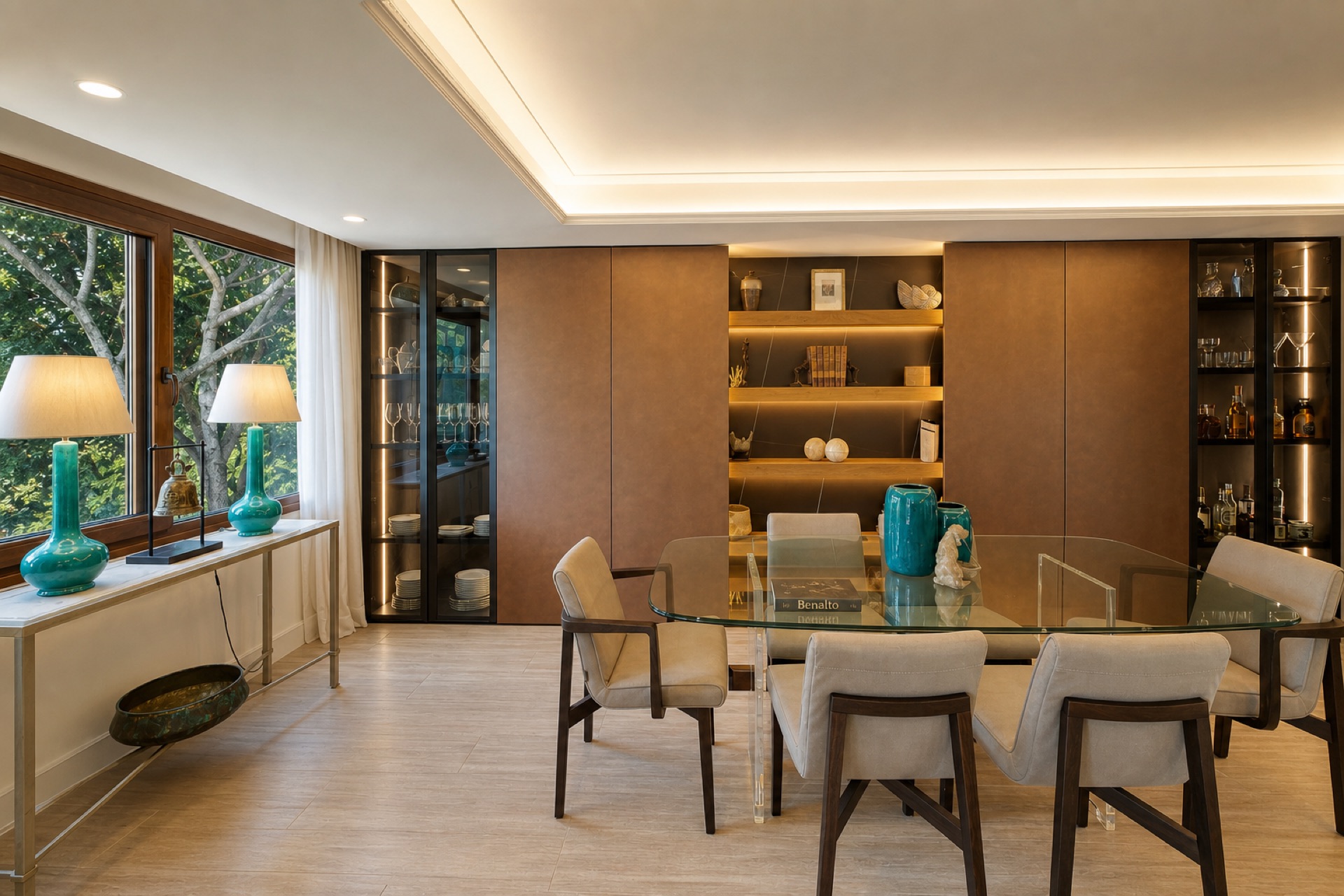 Stylish dining room with glass table at the La Isla penthouse