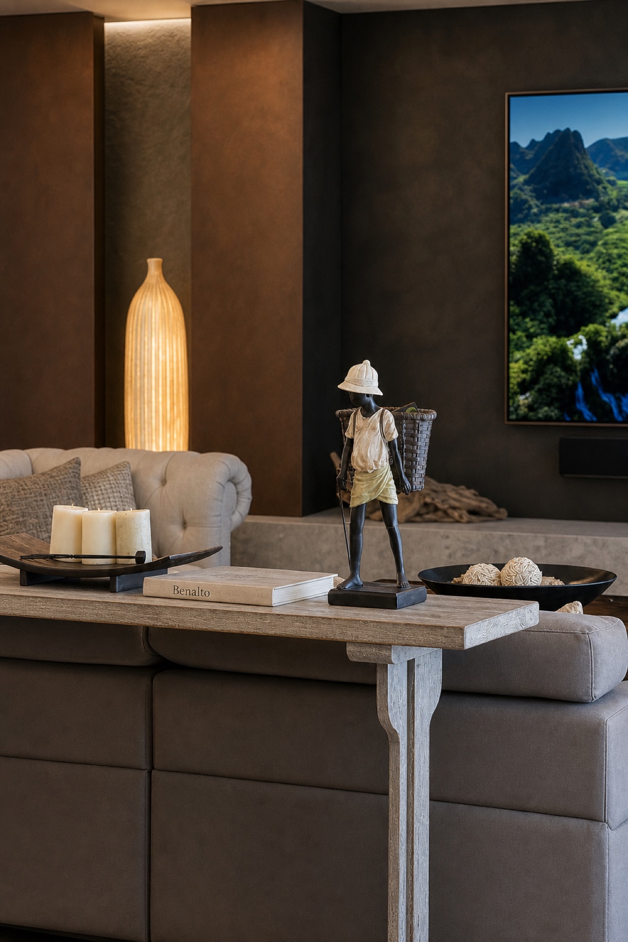 Living room console decor at the La Isla penthouse